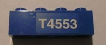 Lego Brick 1 x 4 with White 'T4553' Right Pattern (Sticker) - Set 4553