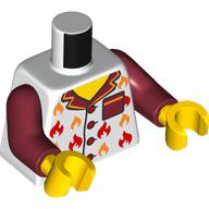 Lego Torso, White Shirt, Dark Red Collar, Orange/Red Flames print, Dark Red Arms, Dark Bluish Gray Hands / White