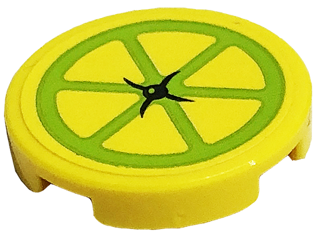 Lego Tile, Round 2 x 2 with Bottom Stud Holder with Cushion with Black Button and Lime Lemon Slice Pattern (Sticker) - Set 41701 / Yellow
