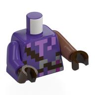 Lego Torso, Odd Arms, Pixelated Dark Brown Strap, Lavender Collar print, Left Medium Nougat Arm, Right Dark Purple Arm, Dark Brown Hands / Dark Purple