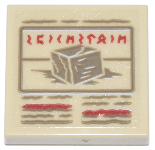 Lego Tile 2 x 2 with Dark Tan Cracked Cube and Text and Red Runes Pattern (Sticker) - Set 76218 / Tan