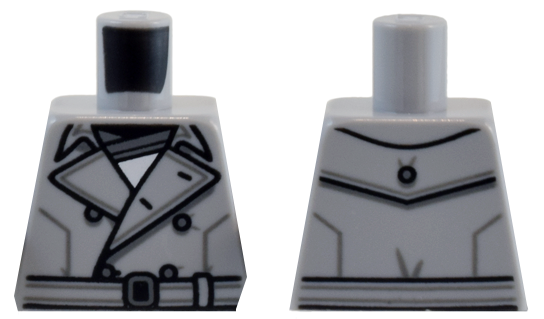 Lego Torso Trench Coat with Black and Dark Bluish Gray Wide Collar, Buttons, and Belt Pattern / Light Bluish Gray