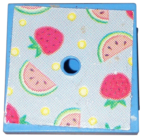 Lego Container, Box 3 1/2 x 3 1/2 x 1 1/3 with Hinged Lid with Strawberries and Watermelon Pattern (Sticker) - Set 3270 / Medium Blue