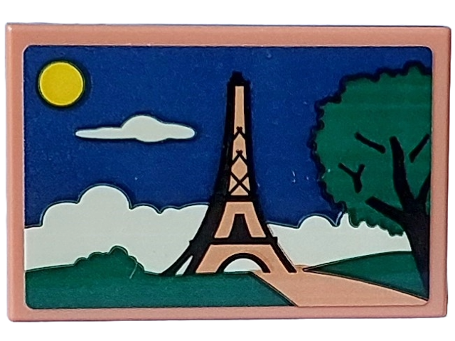 Lego Tile 2 x 3 with Painting of Parisian Landscape with Medium Nougat Eiffel Tower, Dark Green Tree and Yellow Sun Pattern (Sticker) - Set 910032 / Nougat