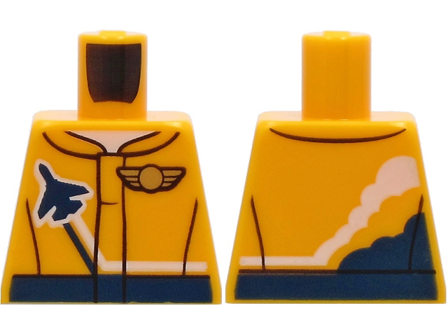 Lego Torso Jacket with Dark Blue Stripe, Airplane and Gold Logo Pin Pattern / Bright Light Orange