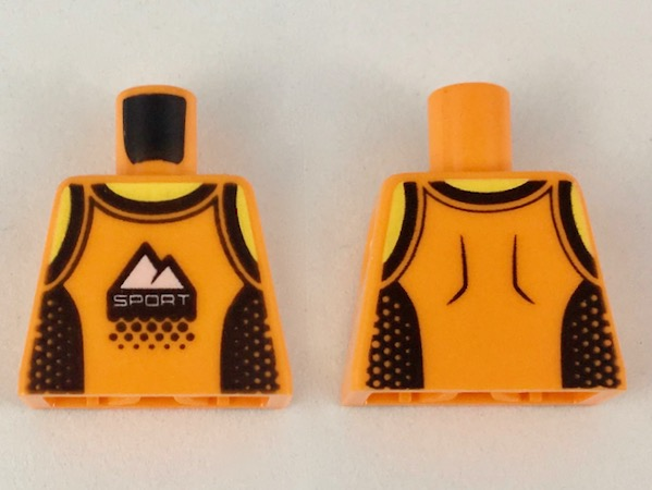 Lego Torso Tank Top with Black Straps and Side Panels, 'SPORT' Logo with White Mountains Pattern / Orange