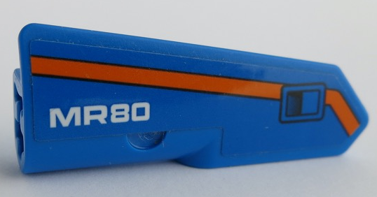 Lego Technic, Panel Fairing #22 Very Small Smooth, Side A with White 'MR80', Orange Stripe, and Black Door Handle Pattern (Sticker) - Set 42071 / Blue
