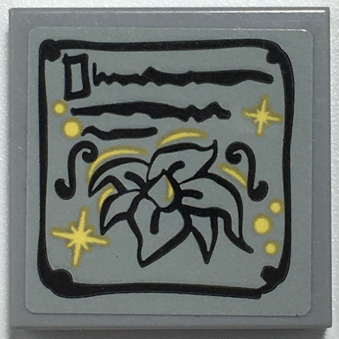 Lego Tile 2 x 2 with Poster with Black Border, Writing and Flower, Gold Stars and Dots Pattern (Sticker) - Set 41157 / Light Bluish Gray
