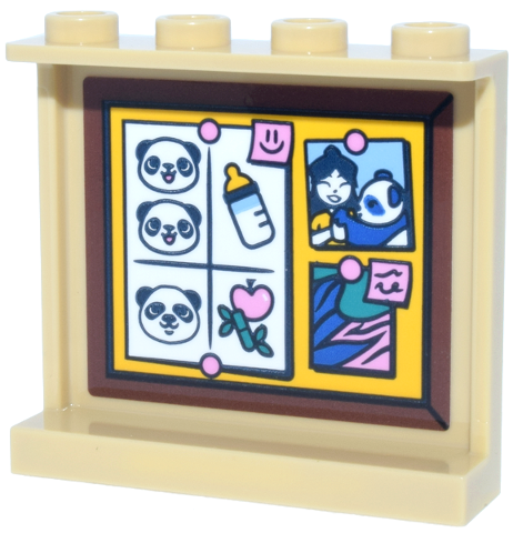 Lego Panel 1 x 4 x 3 with Side Supports - Hollow Studs with Bright Light Orange Bulletin Board, Reddish Brown Frame, Bright Pink Notes, Pandas and Baby Bottle Pattern (Sticker) - Set 42648