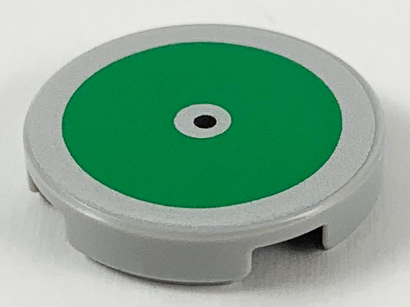 Lego Tile, Round 2 x 2 with Bottom Stud Holder with Large Green Circle and Black Center Dot Pattern / Light Bluish Gray