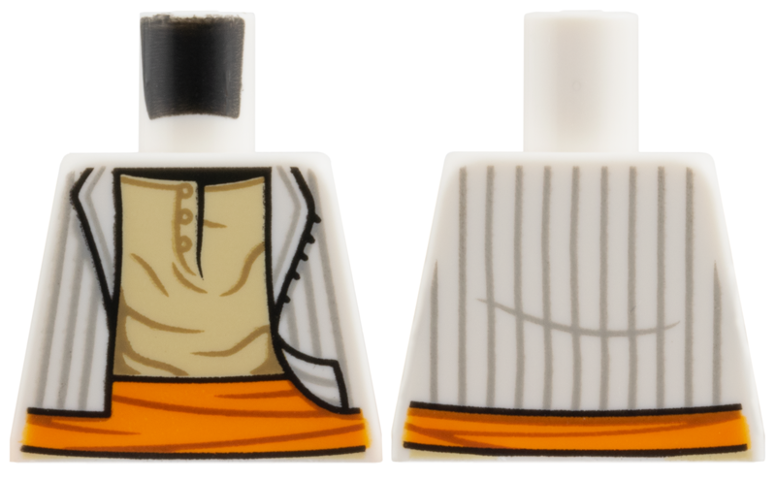 Lego Torso Open Vest with Light Bluish Gray Stripes, Tan Shirt, Orange Sash Pattern / White