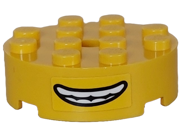 Lego Brick, Round 4 x 4 with Hole with Black Open Mouth Smile with Teeth Parted Pattern (Sticker) - Set 75582
