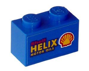 Lego Brick 1 x 2 with Red 'Shell', Yellow 'HELIX MOTOR OILS', and Shell Logo Pattern on Both Sides (Stickers) - Sets 1253-1 / 1254-1 / Blue