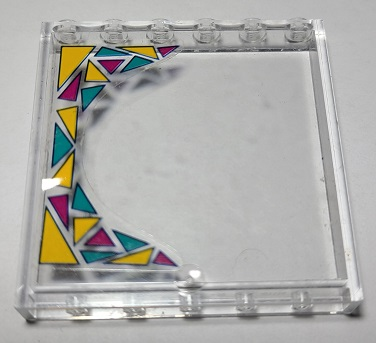 Lego Panel 1 x 6 x 5 with Dark Turquoise, Magenta, and Bright Light Orange Triangles Pattern Model Right Side (Sticker) - Set 41344 / Trans-Clear
