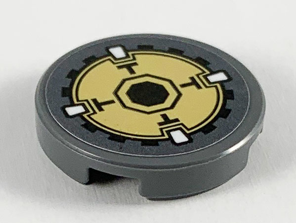Lego Tile, Round 2 x 2 with Bottom Stud Holder with Gold Gear with Black Octagon Pattern (Sticker) - Set 77102