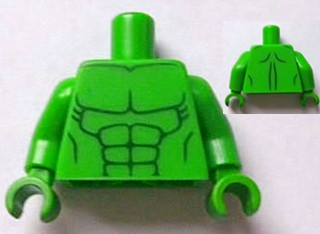 Lego Torso Bare Chest with Dark Green Muscles Outline, Narrow Abdominals Pattern / Bright Green Arms / Bright Green Hands