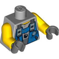 Lego Torso Vest, Blue with Tools over Sweaty Shirt Print, Yellow Arms, Dark Bluish Gray Hands / Light Bluish Gray
