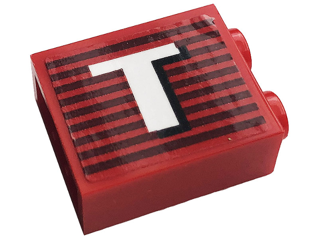 Lego Brick 1 x 2 x 2 with Inside Stud Holder with Gray Stripes and White Capital Letter T Pattern Model Right Side (Sticker) - Set 10272
