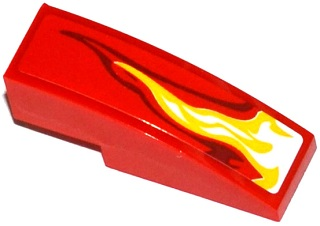 Lego Slope, Curved 3 x 1 with White, Yellow and Dark Red Flame Pattern Model Right Side (Sticker) - Set 70727 / Red