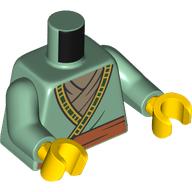 Lego Torso Robe, Dark Tan Undershirt, Dark Orange Sash Belt Print, Sand Green Arms, Yellow Hands / Sand Green