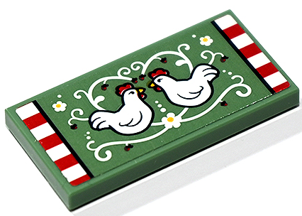 Lego Tile 2 x 4 with Rug with Chickens, Flowers and Scrollwork, Red and White Checkered Stripes on Sides Pattern (Sticker) - Set 41730 / Sand Green