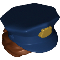 Lego Hair and Hat, Bun, Police with Dark Blue Top with Gold Badge and Reddish Brown Hair Print