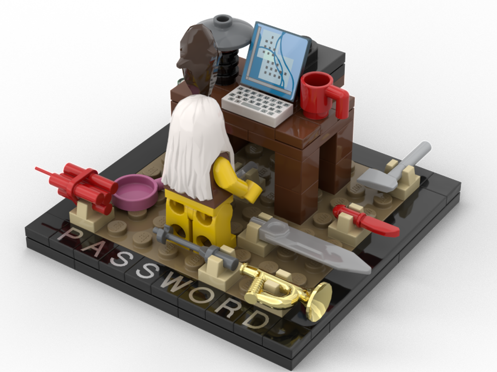 Lego Caveman tries to unlock a computer