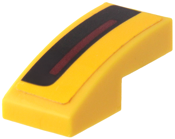 Lego Slope, Curved 2 x 1 x 2/3 with Thin Dark Red Stripe on Thick Black Stripe Model Right Side (Sticker) - Set 75870 / Yellow