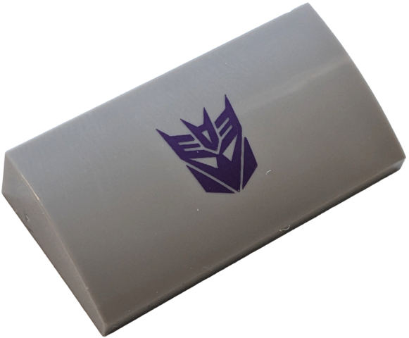 Lego Slope, Curved 2 x 4 x 2/3 with Bottom Tubes with Dark Purple Transformers Decepticon Logo Pattern / Light Bluish Gray