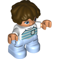 Lego Duplo Figure Child with Short Wavy Hair Dark Brown, with Bright Light Blue Legs, Shirt with Azure and Aqua Stripes and Pocket Print