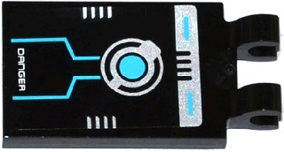 Lego Tile, Modified 2 x 3 with 2 Clips with 'DANGER' and Silver and Medium Azure Circuitry Pattern (Sticker) - Set 70173