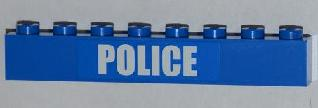 Lego Brick 1 x 8 with White 'POLICE' Bold Narrow Font on Blue Background Pattern (Sticker) - Set 4439