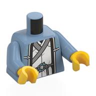 Lego Torso, Open Robe, Dark Blue Trim, Light Bluish Grey Laces, White Robe, Light Bluish Grey Trim Print, Sand Blue Arms, Yellow Hands / Sand Blue