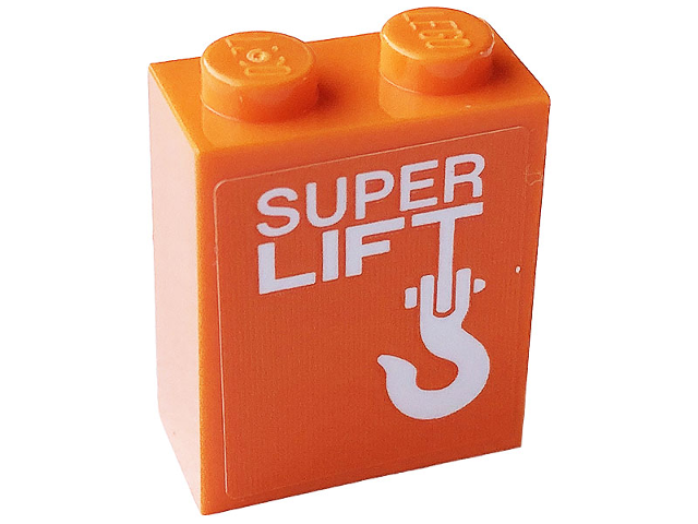 Lego Brick 1 x 2 x 2 with Inside Stud Holder with White 'SUPER LIFT' and Hook Pattern (Sticker) - Set 60233