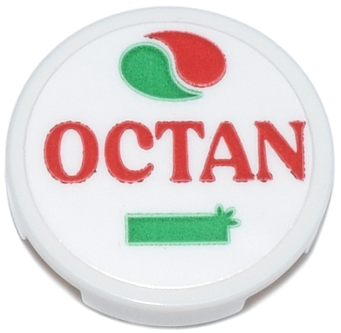 Lego Tile, Round 2 x 2 with Bottom Stud Holder with Red and Green 'OCTAN' and Logo Pattern (Sticker) - Set 910040