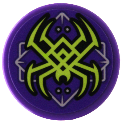 Lego Tile, Round 2 x 2 with Bottom Stud Holder with Lime Spider, Silver Lines and Dots Pattern (Sticker) - Set 80022 / Dark Purple