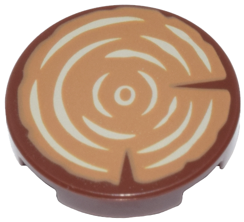 Lego Tile, Round 2 x 2 with Bottom Stud Holder with Medium Nougat Tree Stump with Tan Wood Grain Pattern / Reddish Brown
