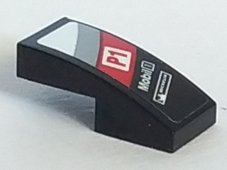Lego Slope, Curved 2 x 1 x 2/3 with 'P1', 'Mobil 1' and Michelin Logo on Light Bluish Gray, Red and White Diagonal Stripes Pattern Model Left Side (Sticker) - Set 75887
