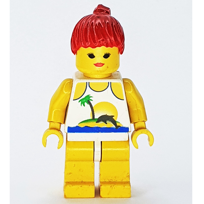 Lego Woman, White Swimsuit with Desert Island and Dolphin, Red Hair
