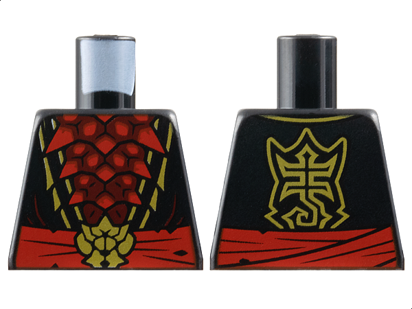 Lego Torso Robe Open with Gold Trim over Dark Red Chest Exoskeleton Segments with Red Spikes, Waist Sash with Insect Head Buckle, Stylized Scorpion Logo on Back Pattern / Black