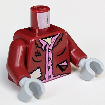 Lego Torso Jacket, Patches, Dark Pink Shirt, Print, Dark Red Arms, Light Bluish Gray Hands