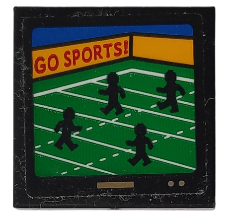 Lego Tile, Modified 2 x 2 Inverted with TV Screen with 'GO SPORTS!' and 4 Silhouettes of Minifigures on Rugby Pitch Pattern (Sticker) - Set 10292