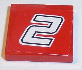 Lego Tile 2 x 2 with Number 2 White with Black Outline on Red Background Pattern (Sticker) - Set 8168 / Red
