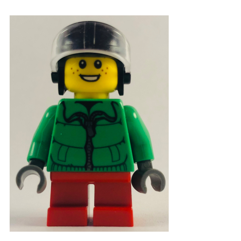 Lego Boy, Green Jacket, Short Red Legs, Black Helmet with Visor