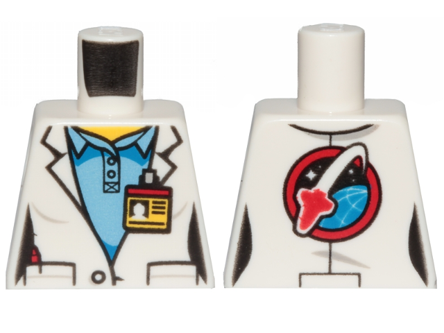 Lego Torso Female Lab Coat over Medium Blue Shirt, ID Badge on Front, Space Shuttle Logo on Back Pattern / White