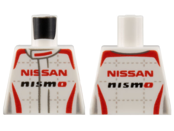 Lego Torso Speed Champions Jumpsuit with Red and Light Bluish Gray Trim, Red 'NISSAN' and Black 'NISMO' Pattern / White