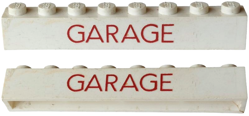 Lego Brick 1 x 8 without Bottom Tubes with Cross Side Supports with Red 'GARAGE' Sans-Serif Thin (Letters Close) Pattern