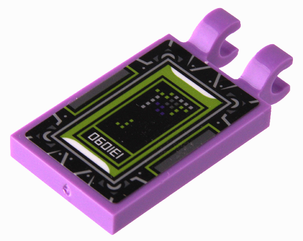 Lego Tile, Modified 2 x 3 with 2 Open O Clips with Dark Bluish Gray, Dark Purple, Lime, and Silver Tetris with '131090' and Silver Spider Web on Black Background Pattern (Sticker) - Set 80022 / Medium Lavender