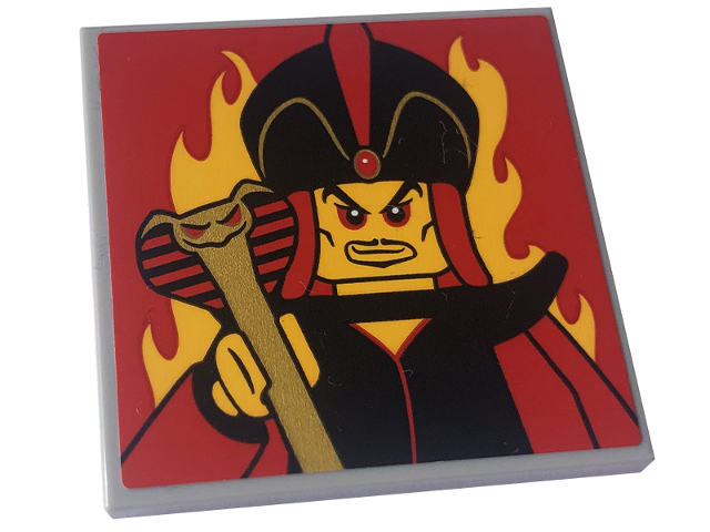 Lego Tile 4 x 4 with Jafar Minifigure and Bright Light Orange Flames on Red Background Pattern (Sticker) - Set 43227 / Light Bluish Gray