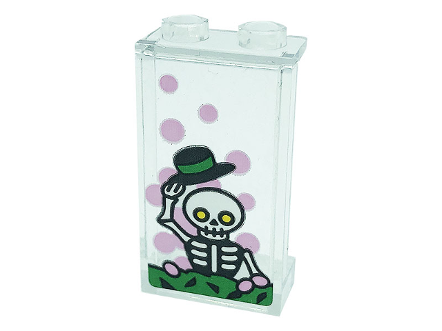 Lego Panel 1 x 2 x 3 with Side Supports - Hollow Studs with Bright Pink Dots, Skeleton and Black Hat Pattern (Sticker) - Set 76388 / Trans-Clear